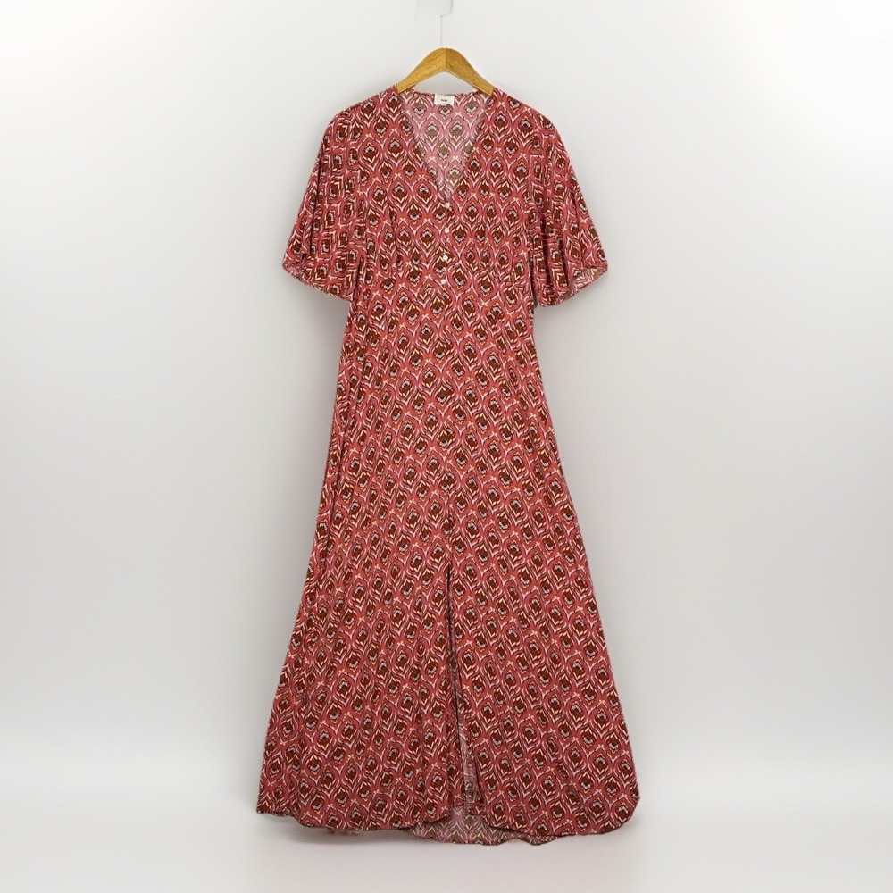 An'ge Paris Maxi Dress Womens XL Pink Ikat Floral Print Short Sleeve Front Slit